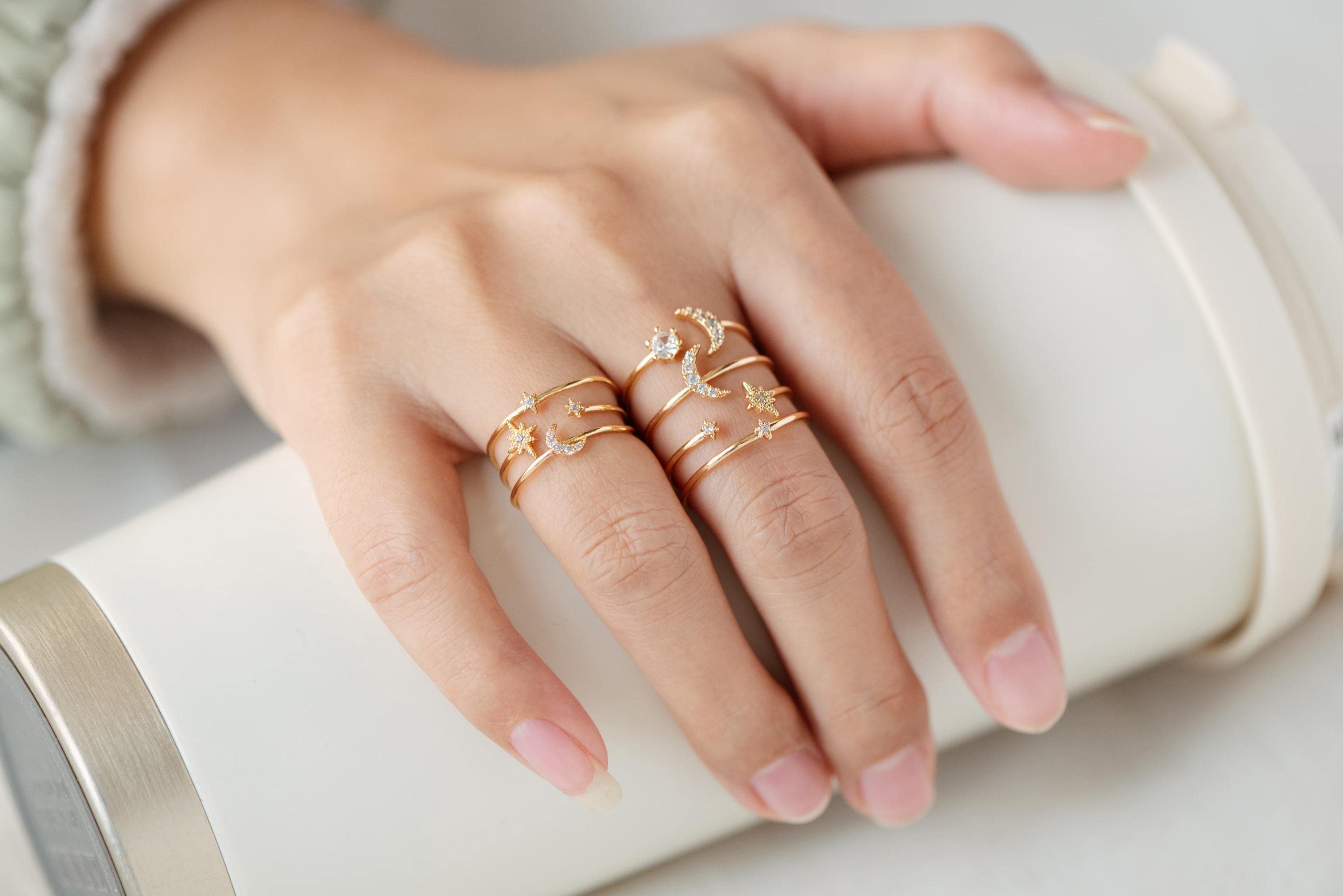 4pcs CZ Pave Gold/ Silver Moon Star Ring, Celestial Ring, Dainty Rings, Adjustable Ring (#JZ-017)